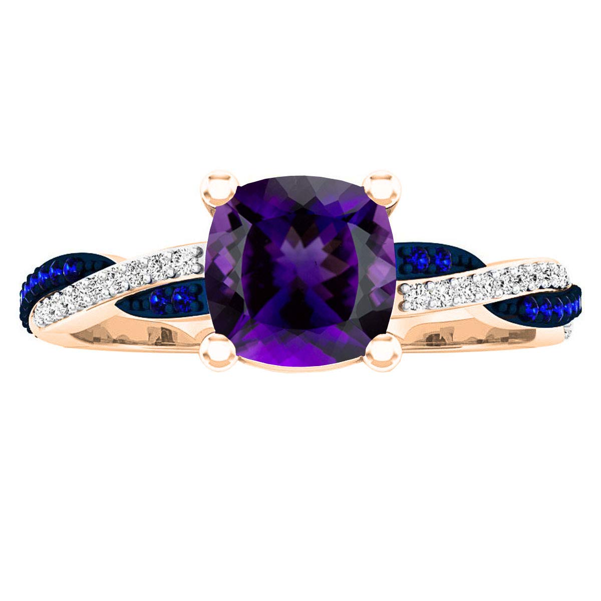 Dazzlingrock Collection 14K 6 MM Cushion Amethyst, Round Blue Sapphire & Diamond Engagement Ring, Rose Gold, Size 5.5