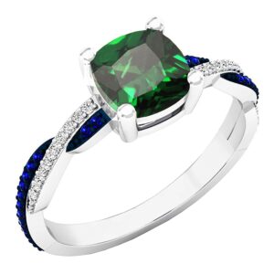 Dazzlingrock Collection 6 MM Cushion Lab Created Emerald with Round Blue Sapphire & Diamond Women Engagement Ring | 14K White Gold, Size 7.5