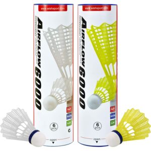 Wish Airflow 6000 Badminton Tournament Shuttlecocks – 6 Pack Tube of Durable Nylon Shuttlecocks with Cork Tips – Badminton Birdies for Indoor and Outdoor Play, Yellow