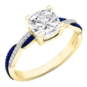 Dazzlingrock Collection 6 MM Cushion Lab Created White Sapphire with Round Blue Sapphire & Diamond Women Engagement Ring | 10K Yellow Gold, Size 9