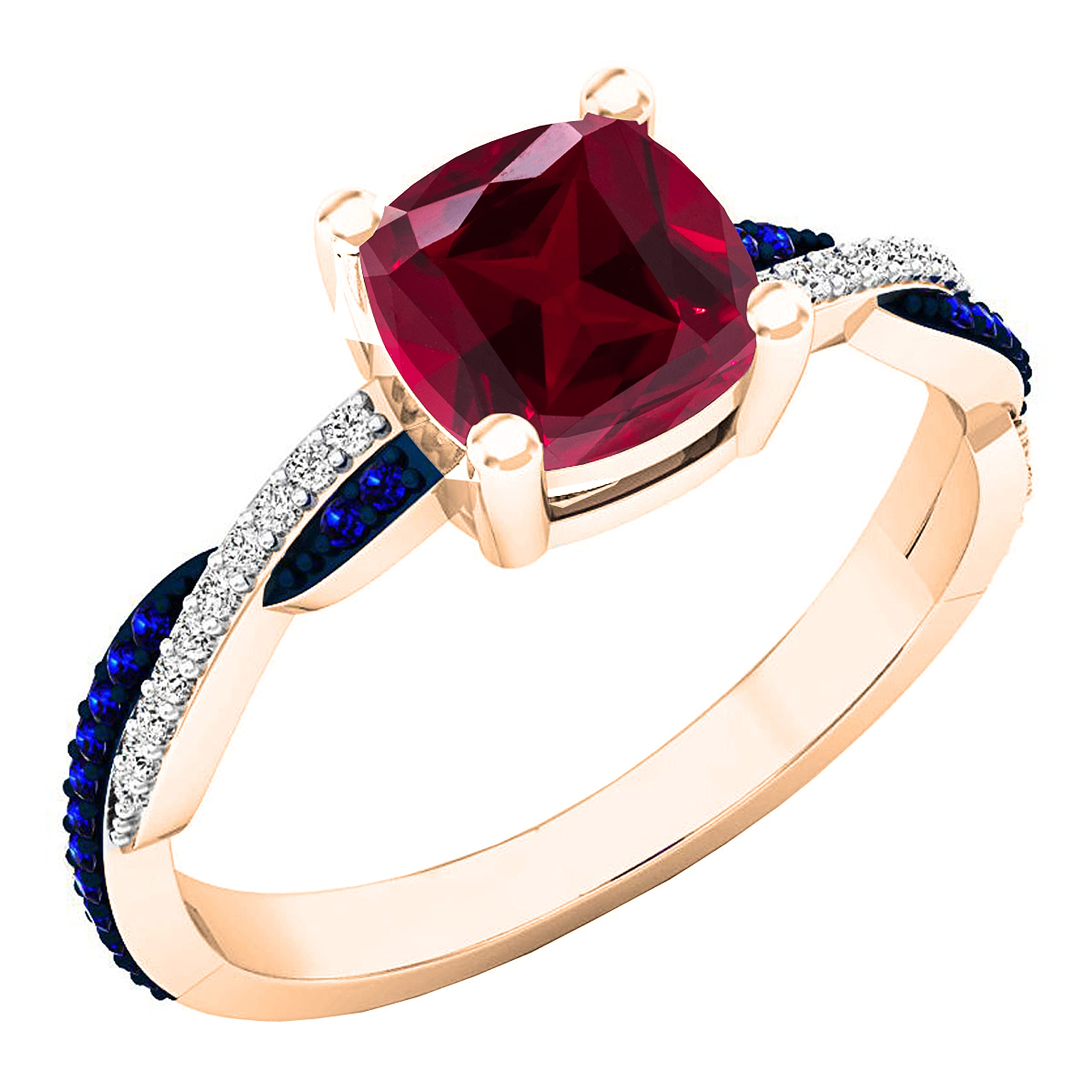 Dazzlingrock Collection 6 MM Cushion Lab Created Ruby with Round Blue Sapphire & Diamond Women Engagement Ring | 18K Rose Gold, Size 10