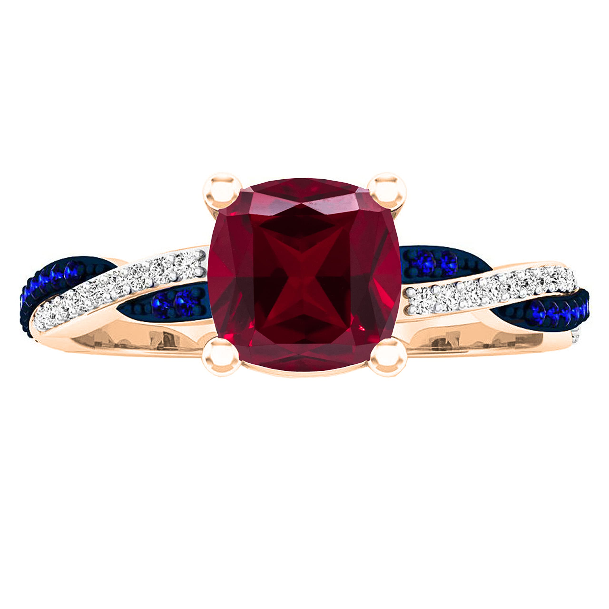 Dazzlingrock Collection 6 MM Cushion Lab Created Ruby with Round Blue Sapphire & Diamond Women Engagement Ring | 18K Rose Gold, Size 10