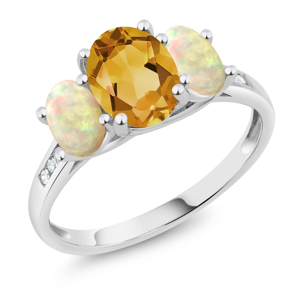 Gem Stone King 10K White Gold Yellow Citrine White Ethiopian Opal and White Diamond Oval 3-Stone Engagement Ring For Women (1.94 Cttw, Gemstone November Birthstone, Available In Size 5, 6, 7, 8, 9)