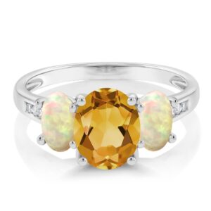 Gem Stone King 10K White Gold Yellow Citrine White Ethiopian Opal and White Diamond Oval 3-Stone Engagement Ring For Women (1.94 Cttw, Gemstone November Birthstone, Available In Size 5, 6, 7, 8, 9)