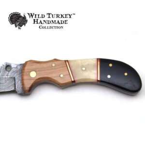 Wild Turkey Handmade Damascus Collection 9" Fixed Blade Hunting Knife w/Leather Sheath (Bone)