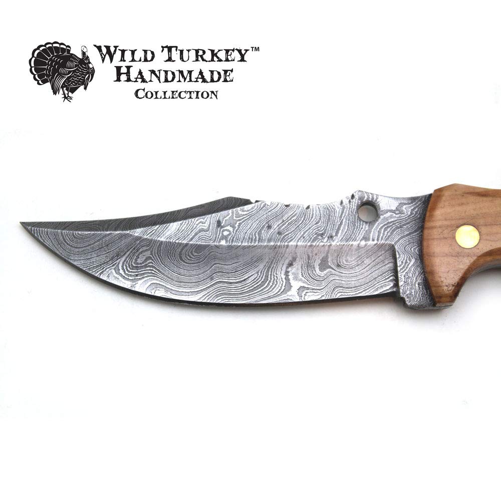 Wild Turkey Handmade Damascus Collection 9" Fixed Blade Hunting Knife w/Leather Sheath (Bone)