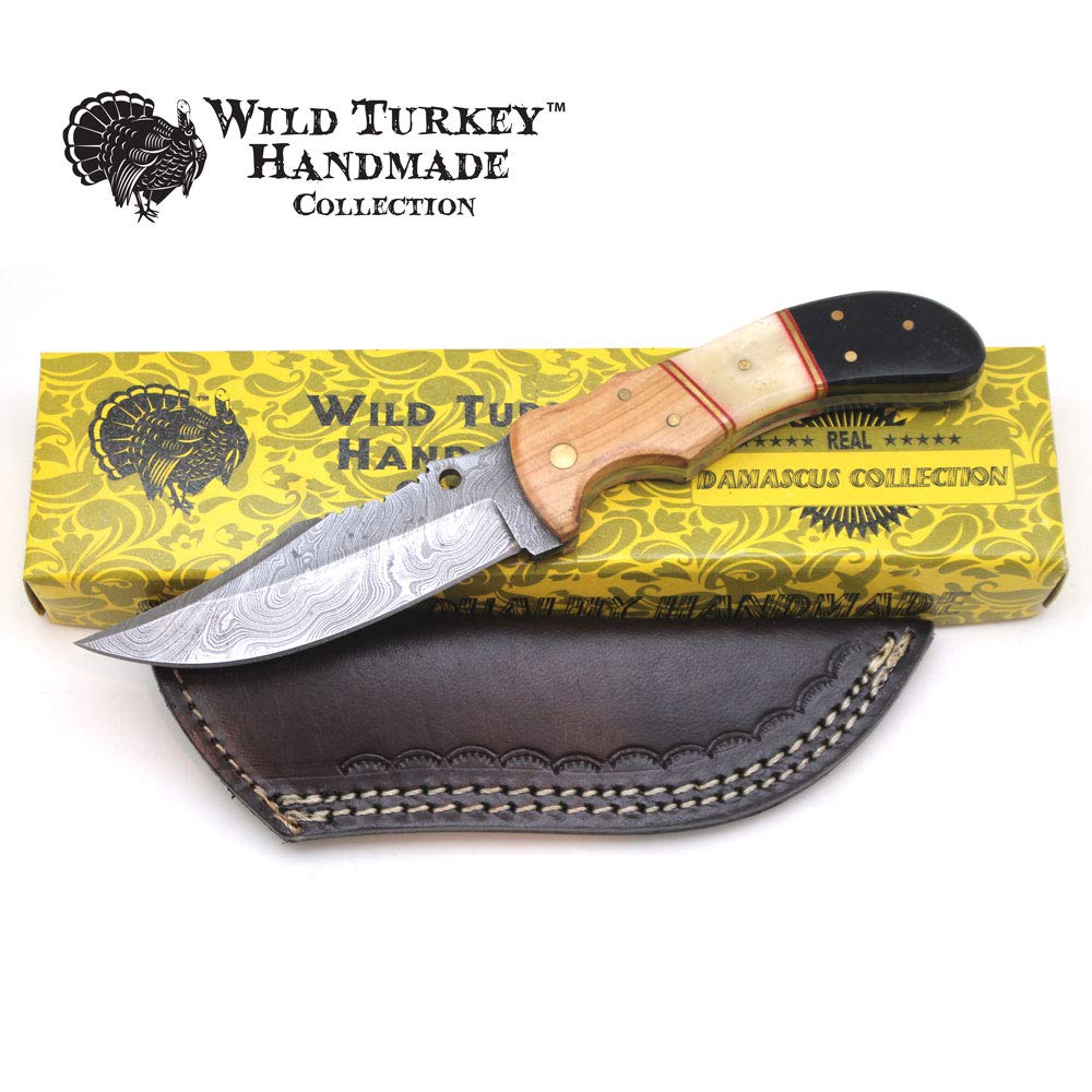 Wild Turkey Handmade Damascus Collection 9" Fixed Blade Hunting Knife w/Leather Sheath (Bone)