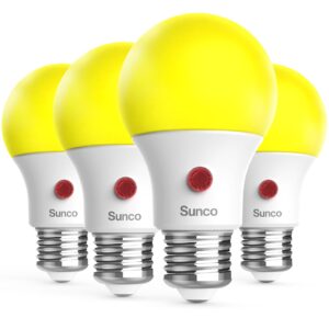 sunco 4 pack led bug light bulbs outdoor a19 yellow dusk to dawn bug light for porch 9w auto on/off photocell sensor, 2000k amber glow, e26 base, patio, deck, backyard ul listed