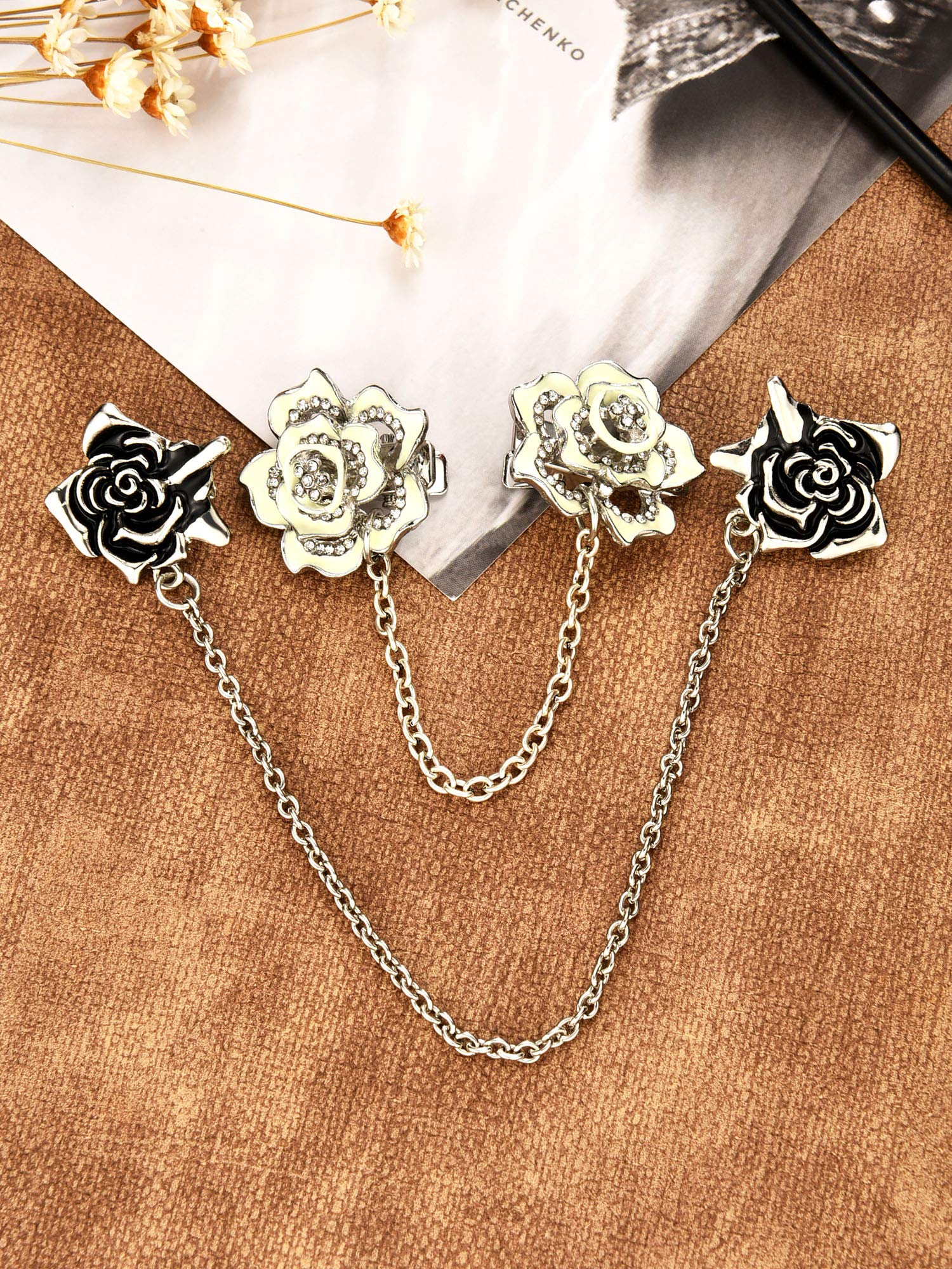 GEJOY 2 Pieces Rose Sweater Shawl Clips Cardigan Dresses Clip Flowers Collar Clip with Chain for Women Girls (Style Set 2)