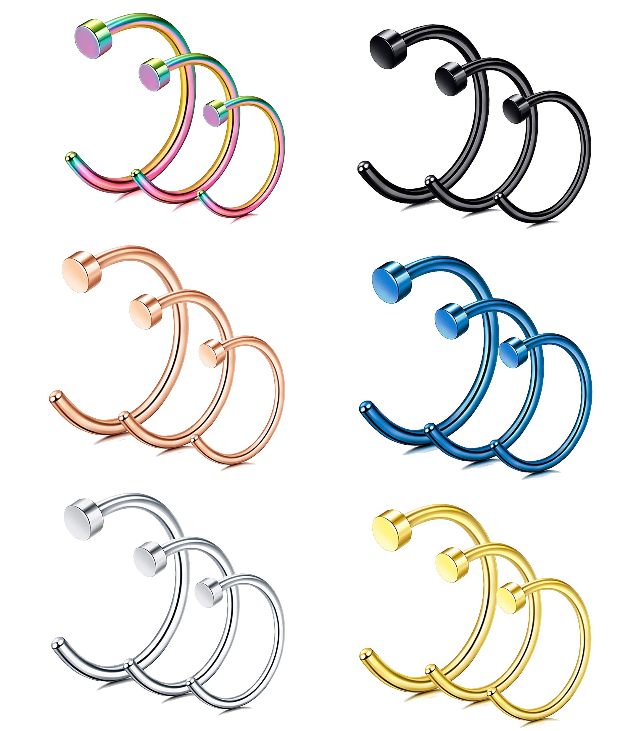 FIBO STEEL 18G-20G 18PCS Stainless Steel Body Jewelry Piercing Nose Ring Hoop for Women(6mix color 18pcs, 20G,6/8/10MM)