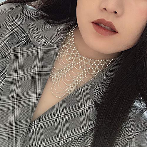 Shinywear Women Pearl Beads Necklace Decorative Gown Dress False Collar Luxury Crown Choker Dicky Neckwear Cream White