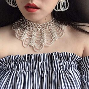 Shinywear Women Pearl Beads Necklace Decorative Gown Dress False Collar Luxury Crown Choker Dicky Neckwear Cream White