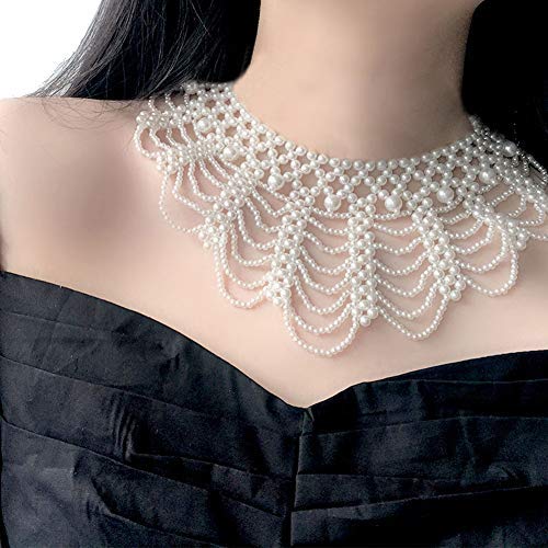 Shinywear Women Pearl Beads Necklace Decorative Gown Dress False Collar Luxury Crown Choker Dicky Neckwear Cream White