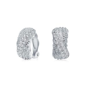 Bridal Prom Criss Cross Twisted Row Pave Crystal Dome Half Hoop Clip On Earrings Non Pierced Ears Silver Plated Brass