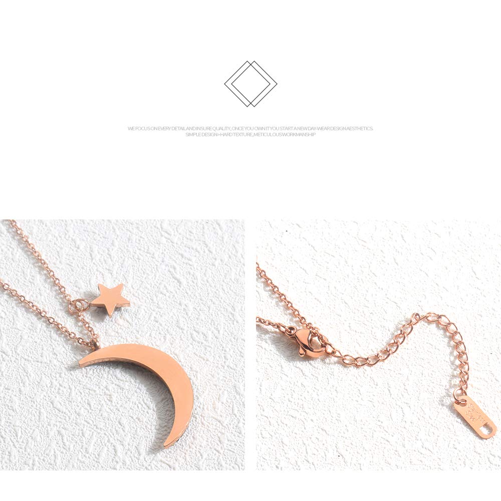 TEMICO Rose Gold Plated Stainless Steel Black Crystal Cubic Zirconia Star Moon Crescent Pendant Necklace for Women