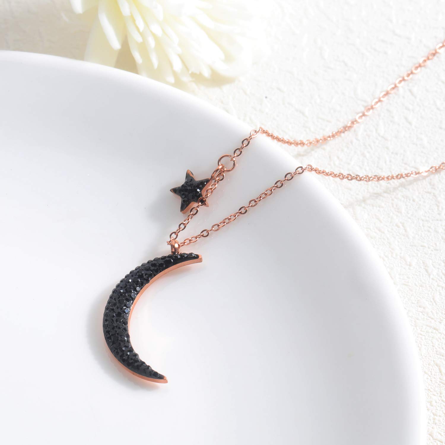 TEMICO Rose Gold Plated Stainless Steel Black Crystal Cubic Zirconia Star Moon Crescent Pendant Necklace for Women