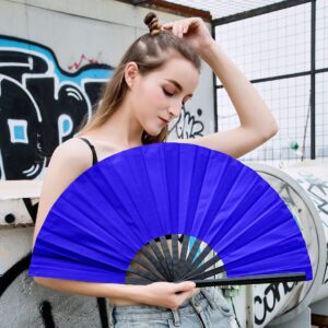 Amajiji Large Folding Hand Rave Fan for Women/Men, Chinease/Japanese Bamboo and Nylon-Cloth Folding Hand Fan for Performance, Festival, Events, Gift, Craft, Dance, Decorations (Blue)