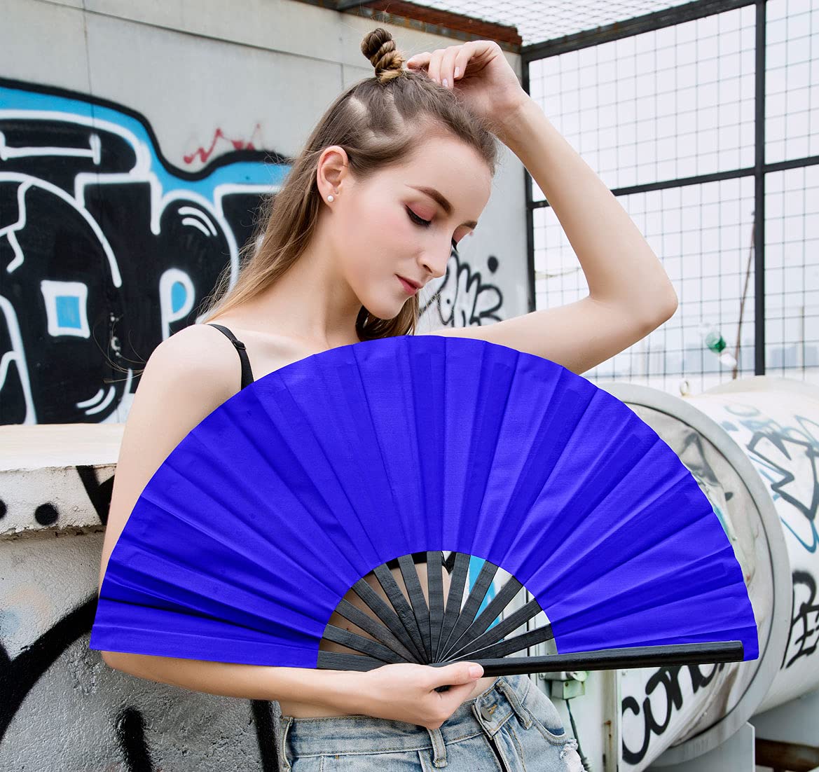 Amajiji Large Folding Hand Rave Fan for Women/Men, Chinease/Japanese Bamboo and Nylon-Cloth Folding Hand Fan for Performance, Festival, Events, Gift, Craft, Dance, Decorations (Blue)