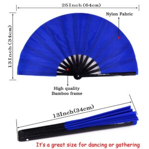 Amajiji Large Folding Hand Rave Fan for Women/Men, Chinease/Japanese Bamboo and Nylon-Cloth Folding Hand Fan for Performance, Festival, Events, Gift, Craft, Dance, Decorations (Blue)