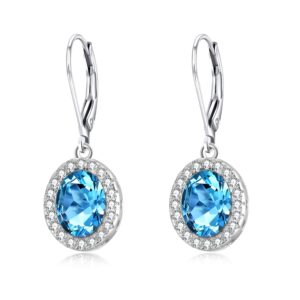 AOBOCO Halo Earrings Sterling Silver Leverback Earrings with Simulated Aquamarine March Birthstone Crystal from Austria, Hypoallergenic Simulated Aquamarine Jewelry Earrings Gifts for Women