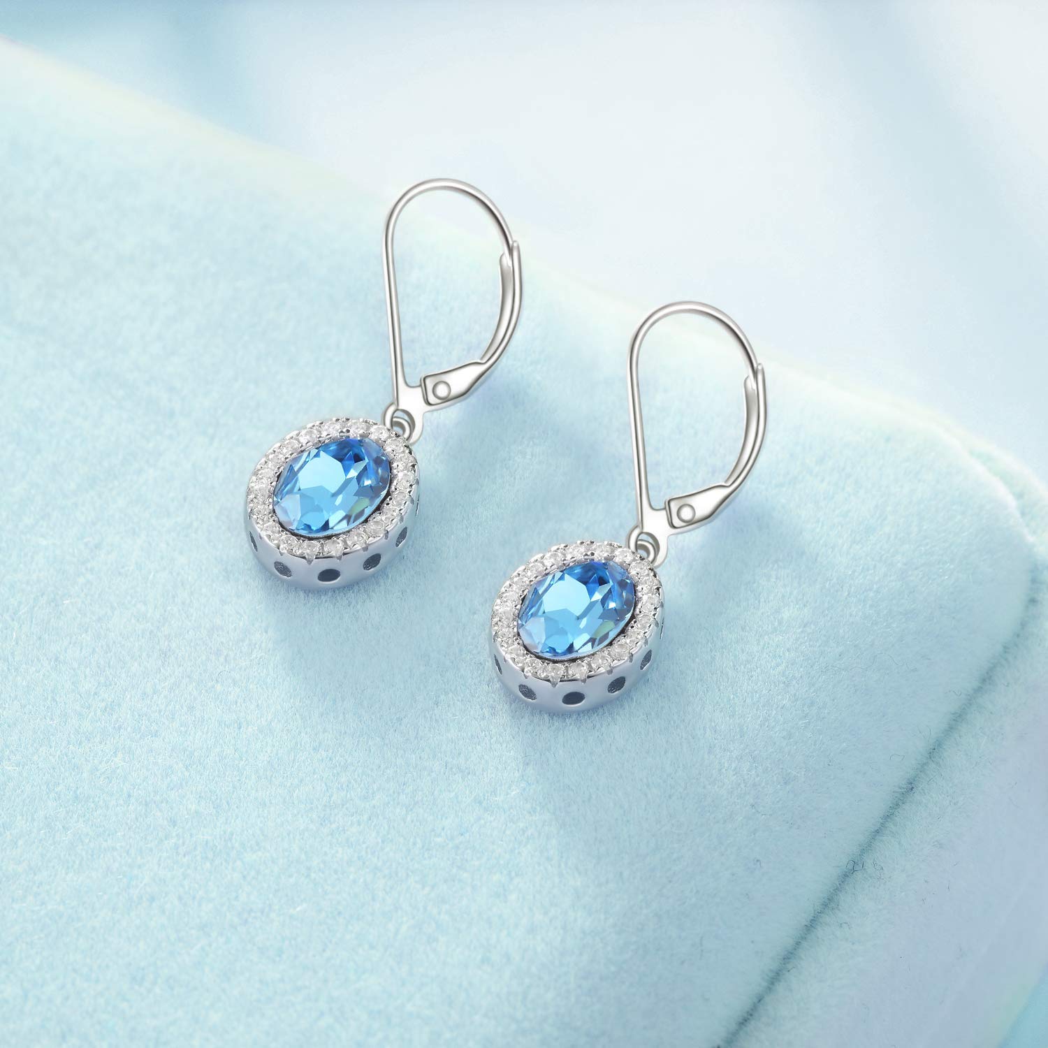 AOBOCO Halo Earrings Sterling Silver Leverback Earrings with Simulated Aquamarine March Birthstone Crystal from Austria, Hypoallergenic Simulated Aquamarine Jewelry Earrings Gifts for Women