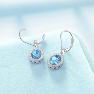 AOBOCO Halo Earrings Sterling Silver Leverback Earrings with Simulated Aquamarine March Birthstone Crystal from Austria, Hypoallergenic Simulated Aquamarine Jewelry Earrings Gifts for Women