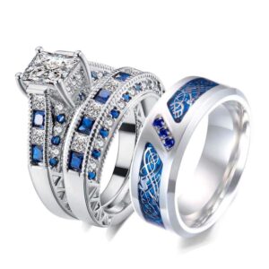 LOVERSRING 3pc Two Rings His and Hers Couple Rings Bridal Sets His Hers Women White Gold Plated Blue Sapphire Cz Man Stainless steel Wedding Ring Band Set