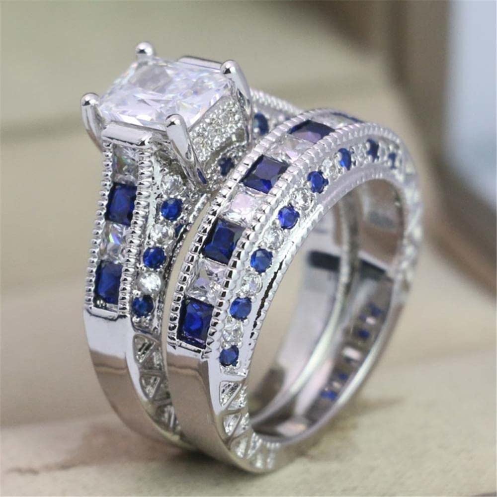 LOVERSRING 3pc Two Rings His and Hers Couple Rings Bridal Sets His Hers Women White Gold Plated Blue Sapphire Cz Man Stainless steel Wedding Ring Band Set