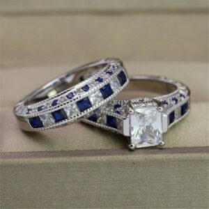 LOVERSRING 3pc Two Rings His and Hers Couple Rings Bridal Sets His Hers Women White Gold Plated Blue Sapphire Cz Man Stainless steel Wedding Ring Band Set