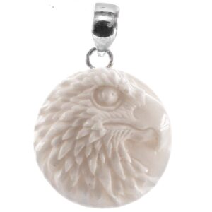 eagle head hand carved in bison bone 925 sterling silver pendant, 1 1/4"