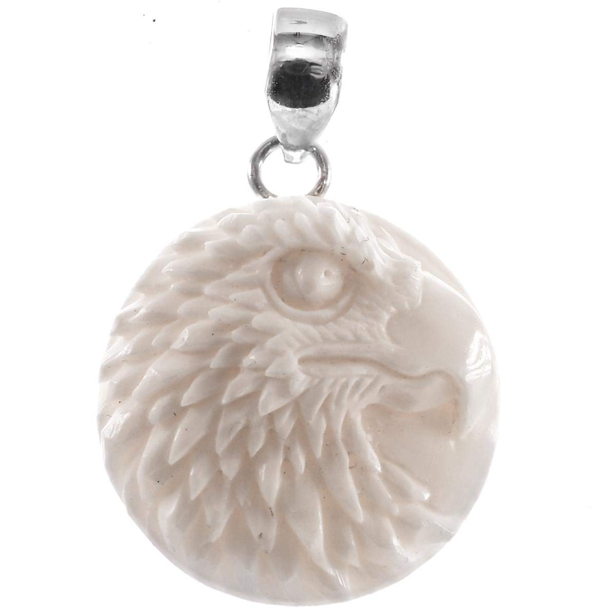 Eagle Head Hand Carved In Bison Bone 925 Sterling Silver Pendant, 1 1/4"