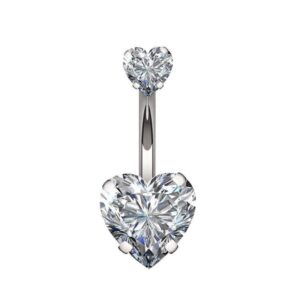 YHMM 14G Surgical Steel Belly Button Rings Double Heart Cubic Zirconia Navel Barbell Stud Body Piercing (A: Silver Tone)