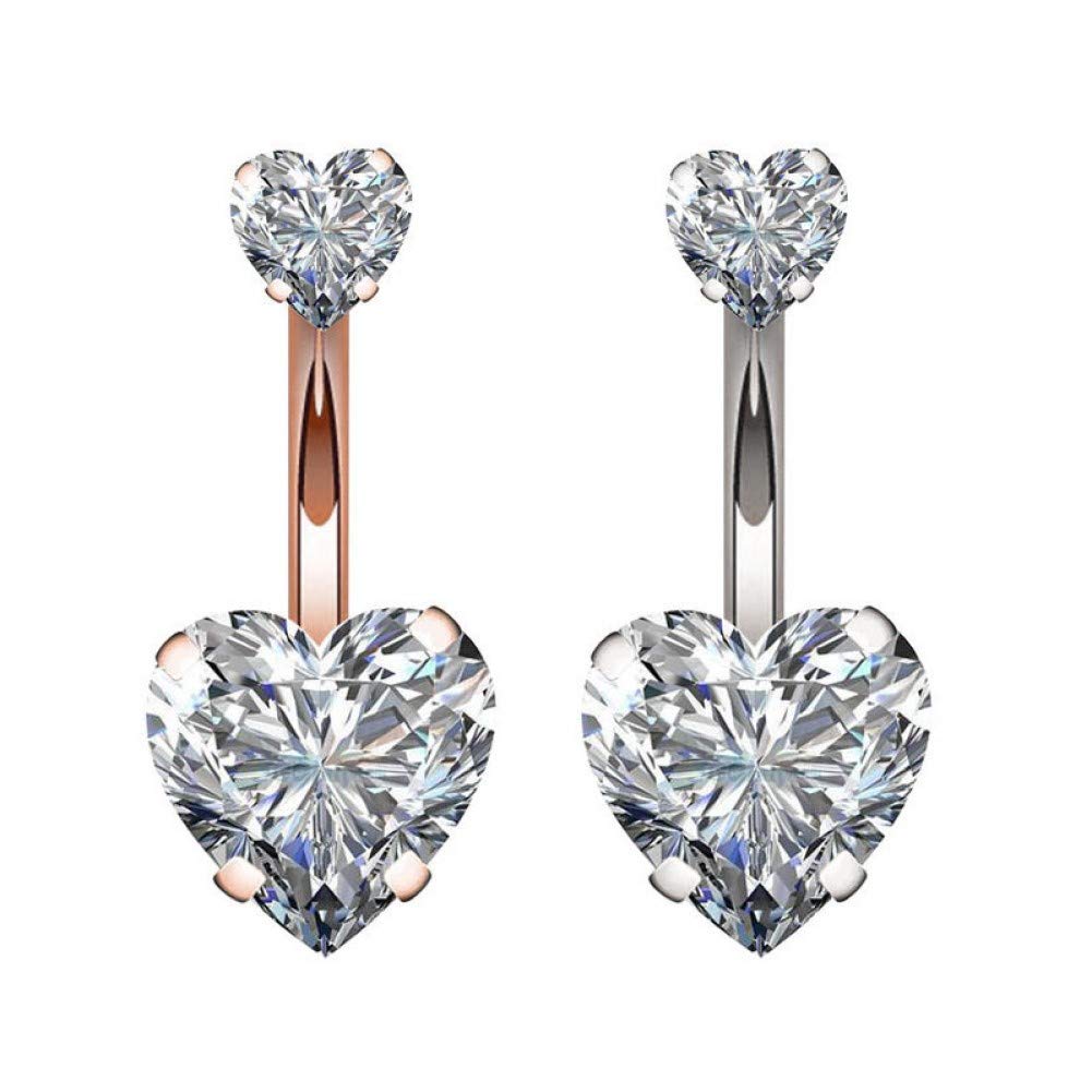 YHMM 14G Surgical Steel Belly Button Rings Double Heart Cubic Zirconia Navel Barbell Stud Body Piercing (A: Silver Tone)