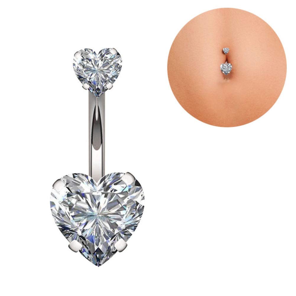 YHMM 14G Surgical Steel Belly Button Rings Double Heart Cubic Zirconia Navel Barbell Stud Body Piercing (A: Silver Tone)