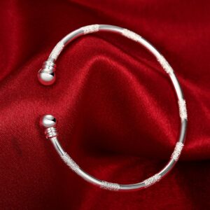 Bangle Bracelet Gift 925 Sterling Silver Bangle Bracelet Open Bangles Two Bead Cuff Frosted Silver Bracelet Jewelry Women