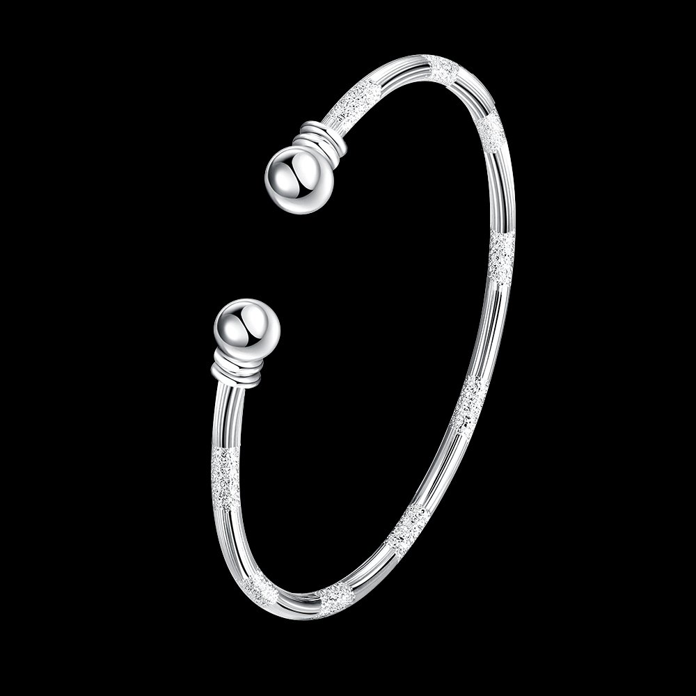 Bangle Bracelet Gift 925 Sterling Silver Bangle Bracelet Open Bangles Two Bead Cuff Frosted Silver Bracelet Jewelry Women