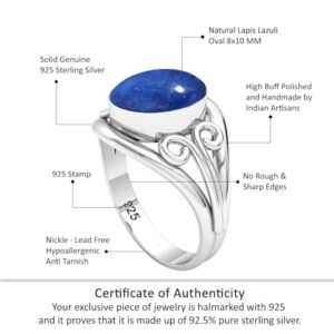 JEWELOPORIUM 925 Sterling Silver Ring for Women Size 10.5 Blue Natural Lapis Lazuli Stone Solitaire Silver Ring Mothers' Day Gift Costume Jewelry