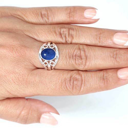 JEWELOPORIUM 925 Sterling Silver Ring for Women Size 10.5 Blue Natural Lapis Lazuli Stone Solitaire Silver Ring Mothers' Day Gift Costume Jewelry