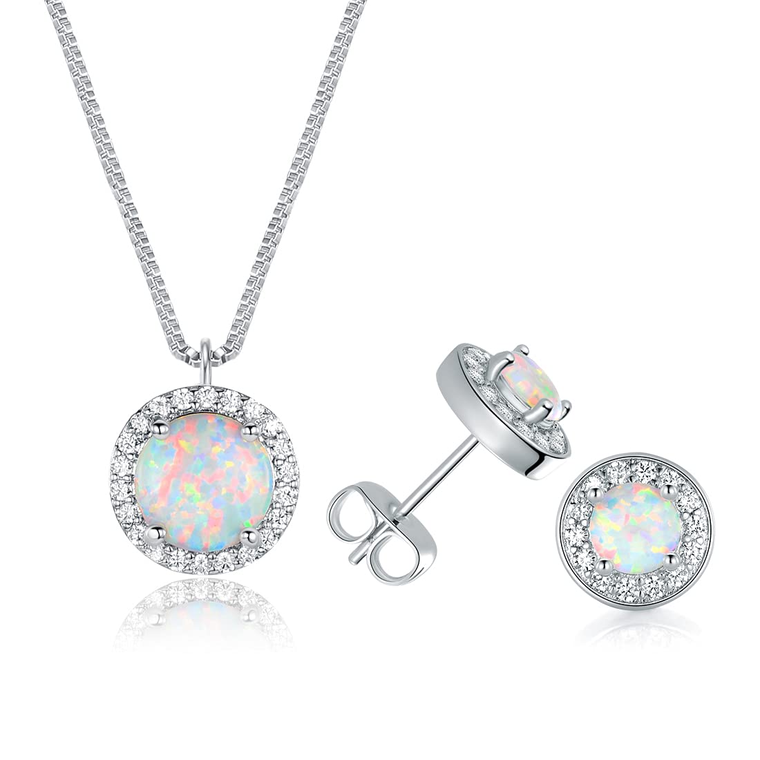 DwearBeauty White Gold Opal Jewelry with Cubic Zirconia,Opal Necklace and Earring Set for Women and Girl(necklace and stud earring)