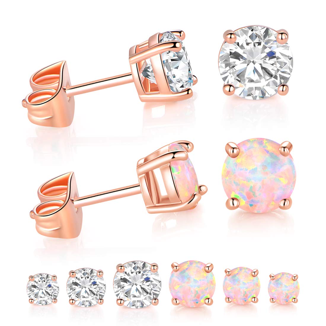 6 Pairs Stud Earrings Set,Hypoallergenic Opal Earrings Rose Gold Cubic Zirconia Stud Earrings for Women