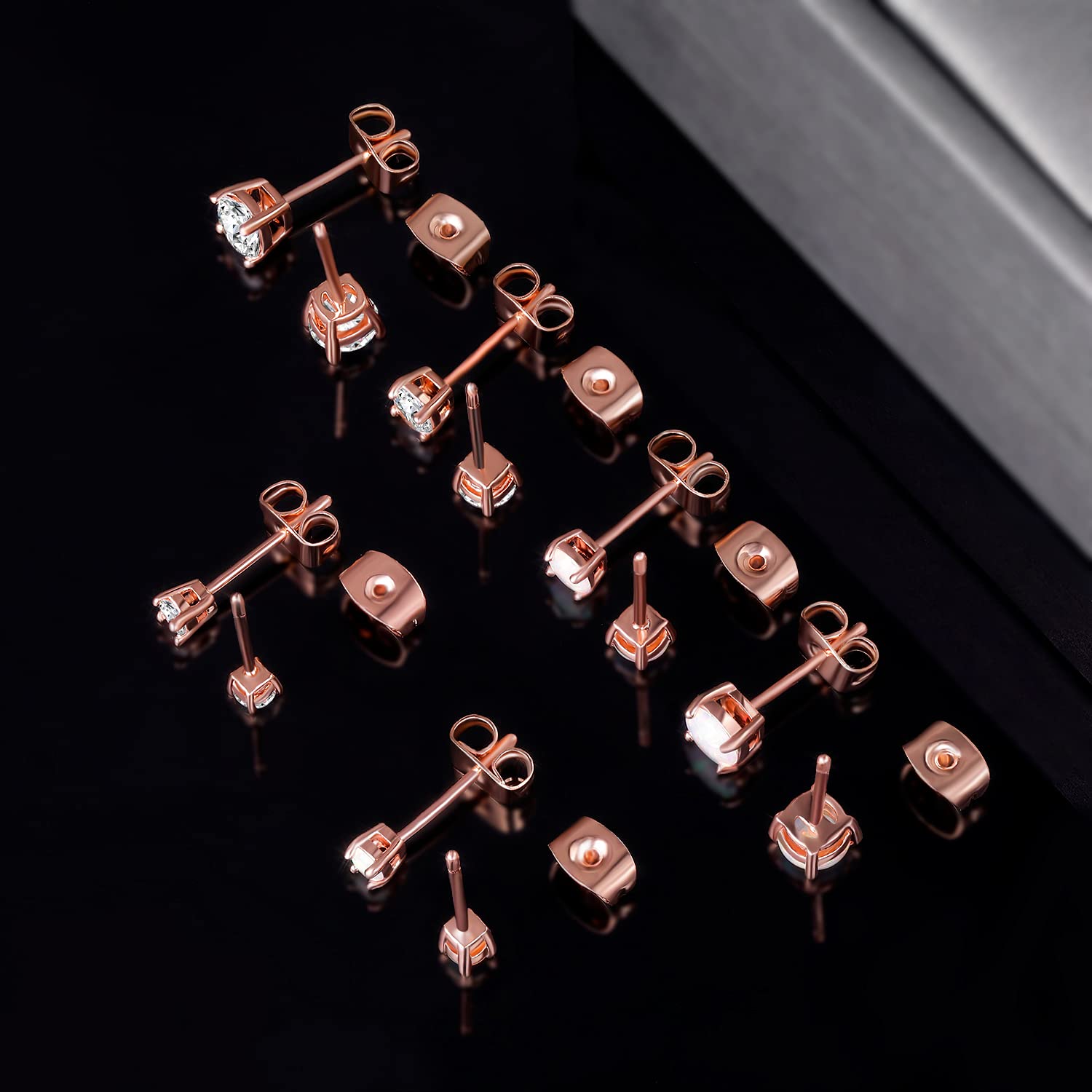 6 Pairs Stud Earrings Set,Hypoallergenic Opal Earrings Rose Gold Cubic Zirconia Stud Earrings for Women