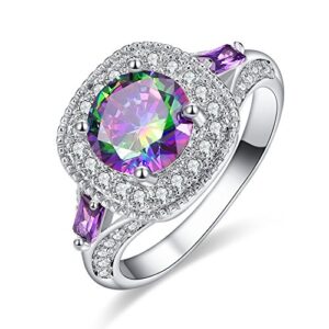 psiroy 925 sterling silver plated round simulated rainbow topaz halo anniversary ring for women size 8