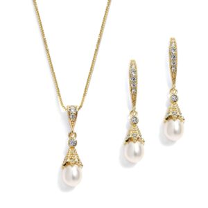 Mariell Gold Wedding Necklace & Earrings Jewelry Set with Freshwater Pearl for Bridesmaids & Brides