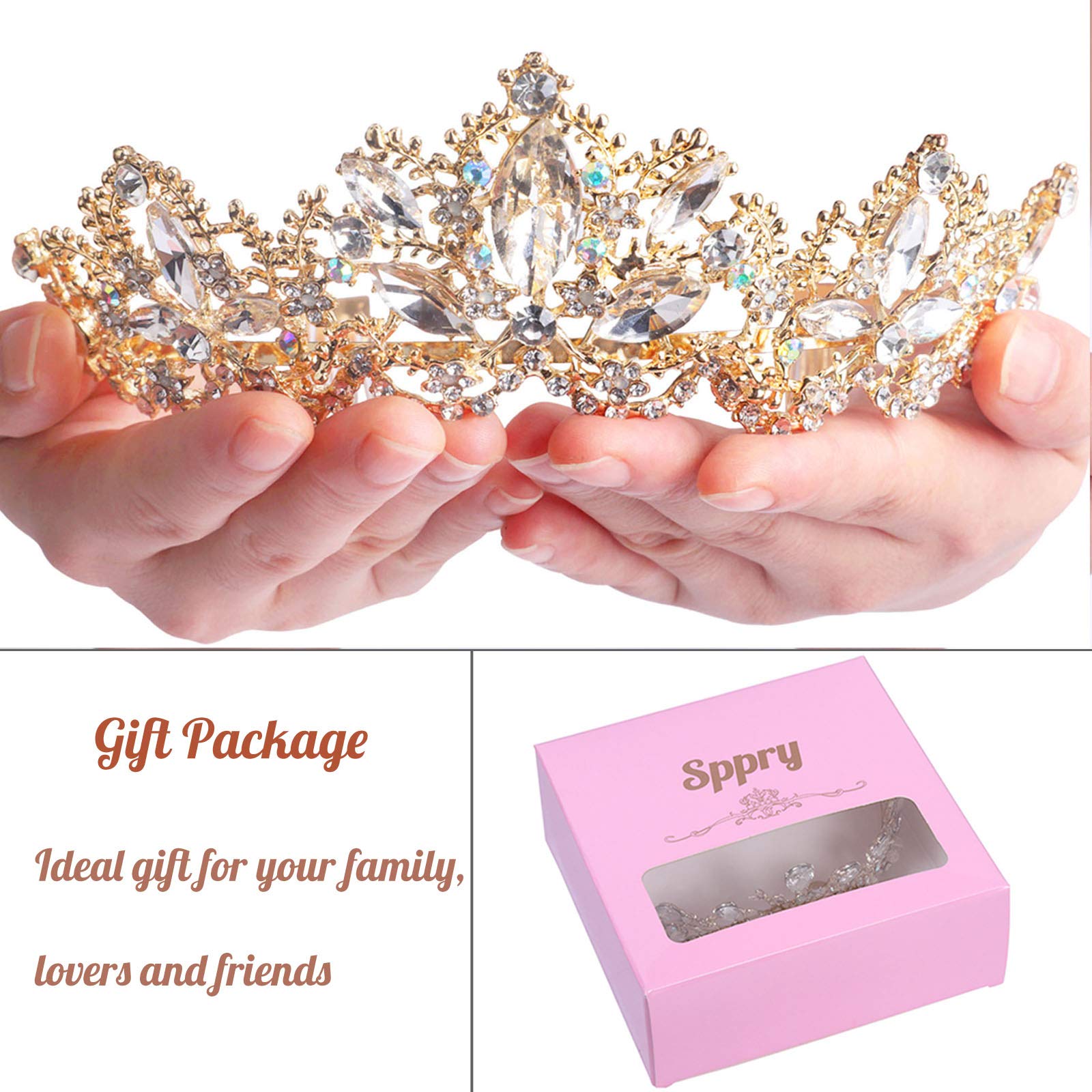 Sppry Women Tiara with Comb - Baroque AB Crystal Crown for Bridal Queen Princess Girls at Wedding Birthday Pageant Party (Gold)