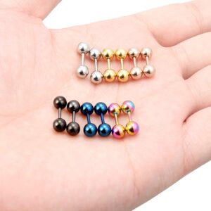 Dyknasz Ball Stud Earrings 6 Pairs 18G Surgical Steel Barbell Earring Cartilage Helix Tragus Ear Piercing Jewelry for Women Men 3mm Silver Rose Gold Black Rainbow Blue