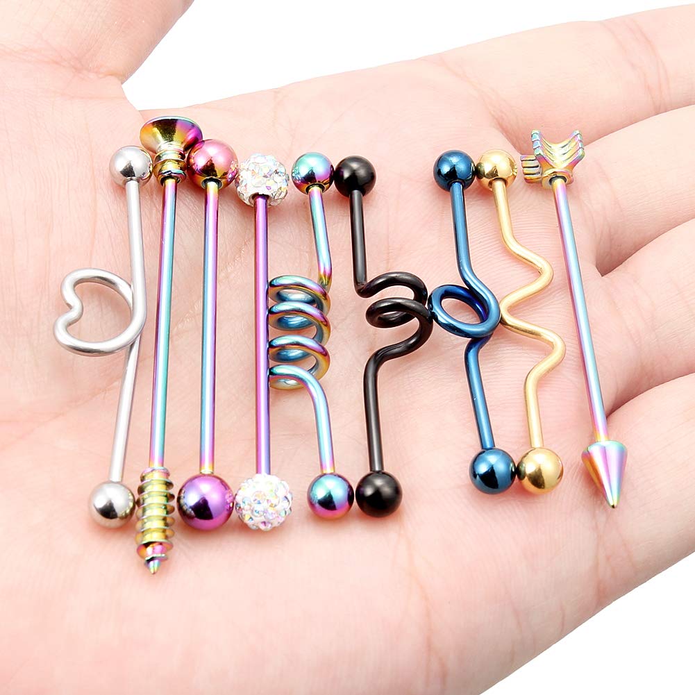 Dyknasz 9Pcs 14G Surgical Steel Industrial Barbell Earrings Arrow Screw Ball Cartilage Helix Piercing Body Jewelry for Women Men Black Rainbow Gold Silver Heart Twister Spiral Coil 38mm