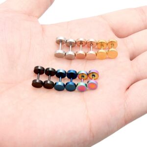 Dyknasz Flat Back Earrings Surgical Steel Mens Womens Stud Earrings Ear Plugs Tunnel Punk Style Piercing Jewelry 6 Pairs 6mm Fake Faux Gauge Barbell Earrings Silver Rose Gold Black Rainbow