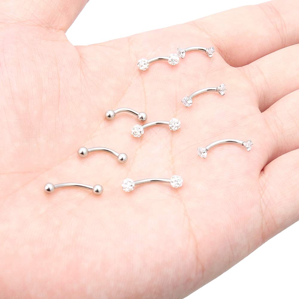 Dyknasz Eyebrow Barbell 16G Surgical Steel Rings with Clear Diamond CZ Curved Barballs Body Piercing Jewelry for Women Men 6mm 8mm 10mm Cartilage Tragus Belly Ring 9 Pieces Silver-Tone