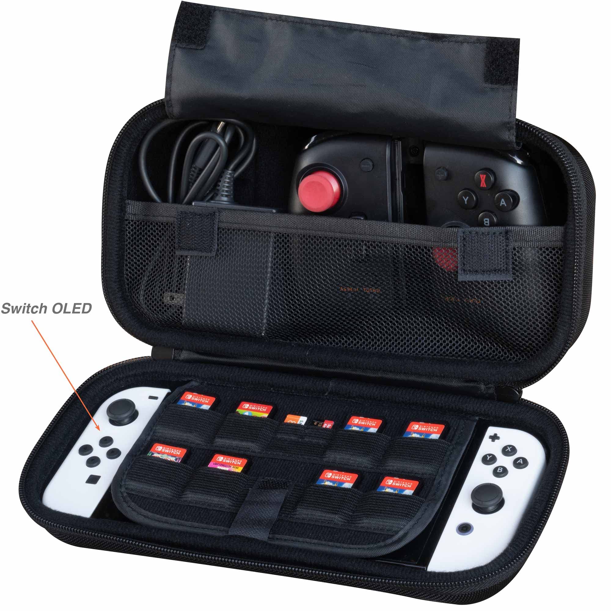 ButterFox Extra Large Switch Case for Nintendo Switch OLED, Fits Nintendo Pro Controller or Hori Split Pad Pro Controller, Wall Charger AC Adapter, 8 Game Card Holders - Black