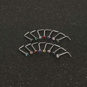 ZS 8-14PCS 20g Tiny Nose Stud Ring Piercing Surgical Steel Nose Bone/L Shaped/Nose Screws Rings Set (14pcs L Shaped Style(Mixed Color))